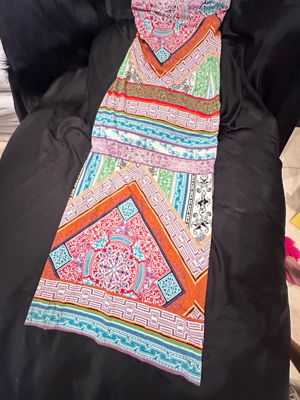 Hale Bob Multicolor Printed strapless dress w/Turquoise, Orange & Red Accents